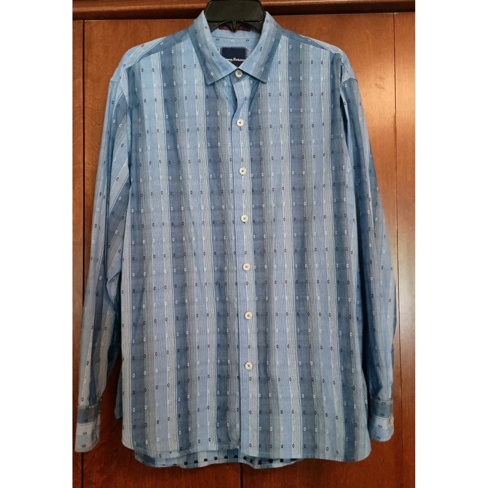 Tommy Bahama Blue Striped Button Down Shirt Mens Sz L Casual Coastal 100% Cotton